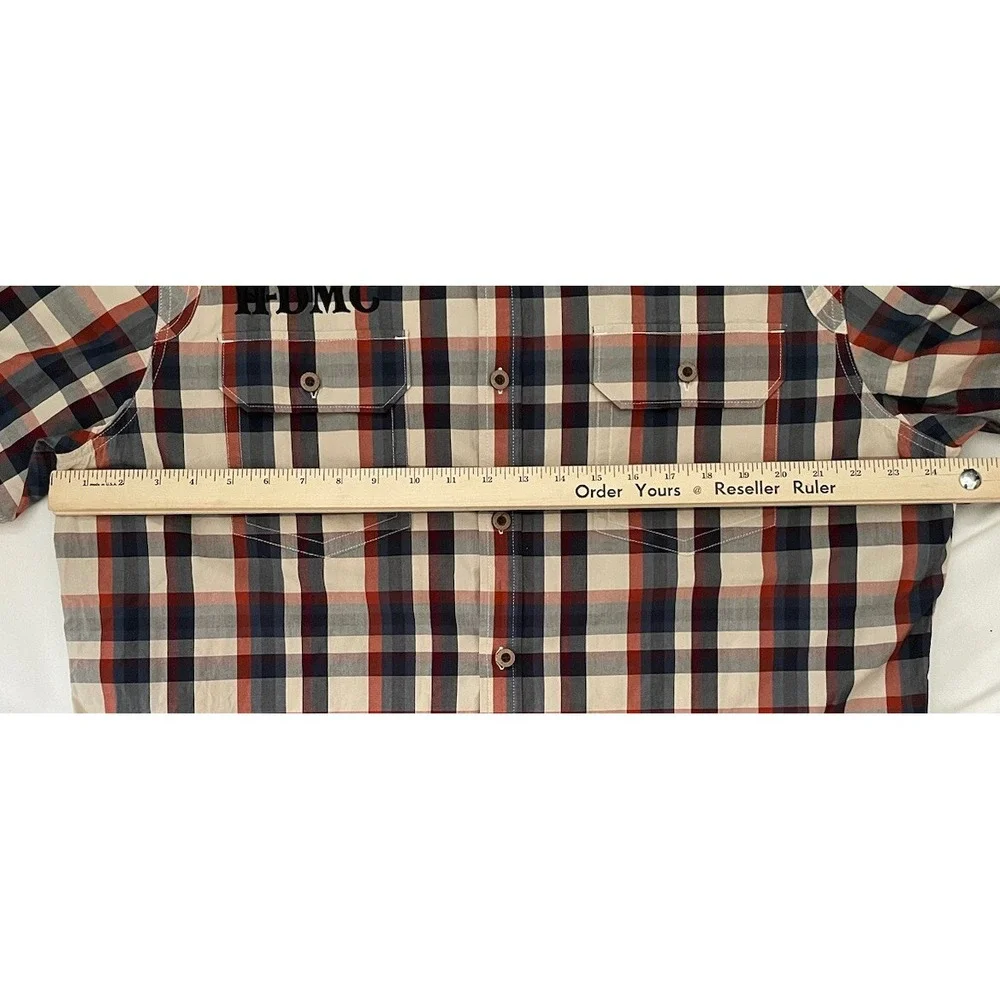 Harley Davidson Motorcycle Patch Button Shirt‎ Blue Beige Plaid HDMC Men's 2XL